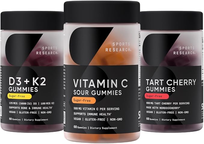 Sports Research® Gummies Pack - Vitamin C, Vegan Vitamin D3 + K2 and Tart Cherry Supplements for Immune & Antioxidant Support, Stronger Bones, Workout Recovery