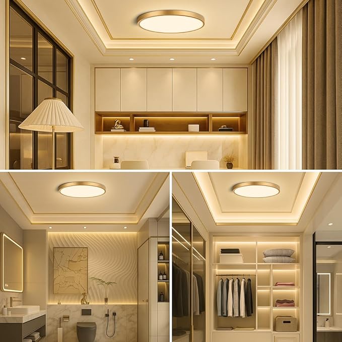 9 Inch Gold LED Flush Mount Ceiling Light, 18W 1800LM 3000K Warm White, Low Profile Round LED Ceiling Light Fixture for Bedroom, Closet, Hallway, Stairwell, Kitchen, Porch (2 Pack)