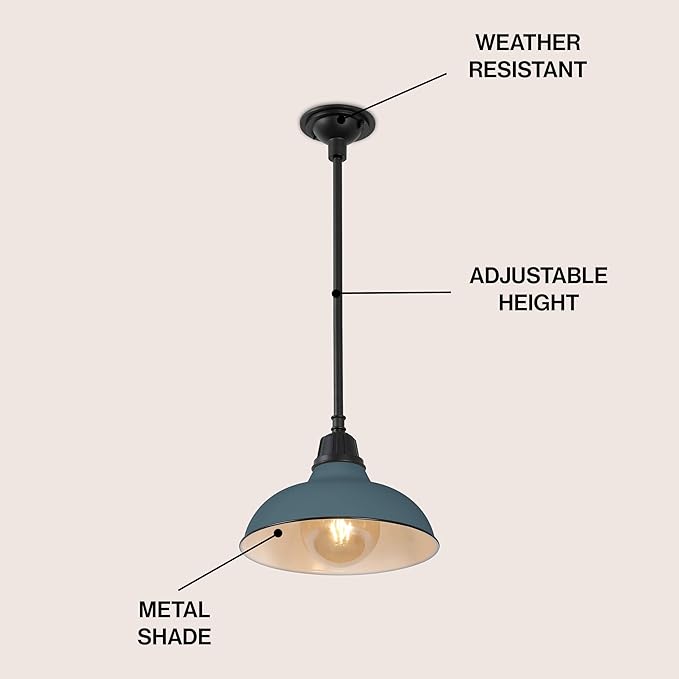 JONATHAN Y 12.25" Matte Silver 1-Light Blue Farmhouse Indoor/Outdoor LED Pendant Iron Hanging Light, and Black Metal Shade, Rustic Ceiling Lamp for Kitchen Island, LED Bulb Included (JYL7611K)