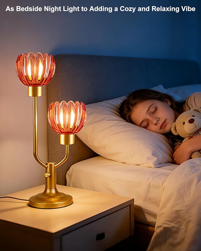 Lightdot Flower Table Lamp Dimmable Nightstand Lamp Mid Century Modern Red Glass Vintage Gold Desk Lamp 2 Bulbs Included Warmwhite Ambient Bedside Lamps for Living Room Bedroom Home Office Decor Gift