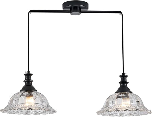 HDDFL 2 Light Pendant Light Fixtures Modern Glass Hanging Lights with Adjustable Cord for Kitchen Island Dining Room Living Room Hallway Black and Clear