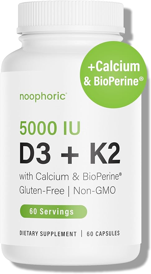 Vitamine D3 K2 Noophoric 5000 UI, D3 avec K2 MK7, Capsules de Vitamine D3 K2 avec Calcium et BioPerine, Sans OGM, Sans Gluten, Sans Soja, 60 Capsules