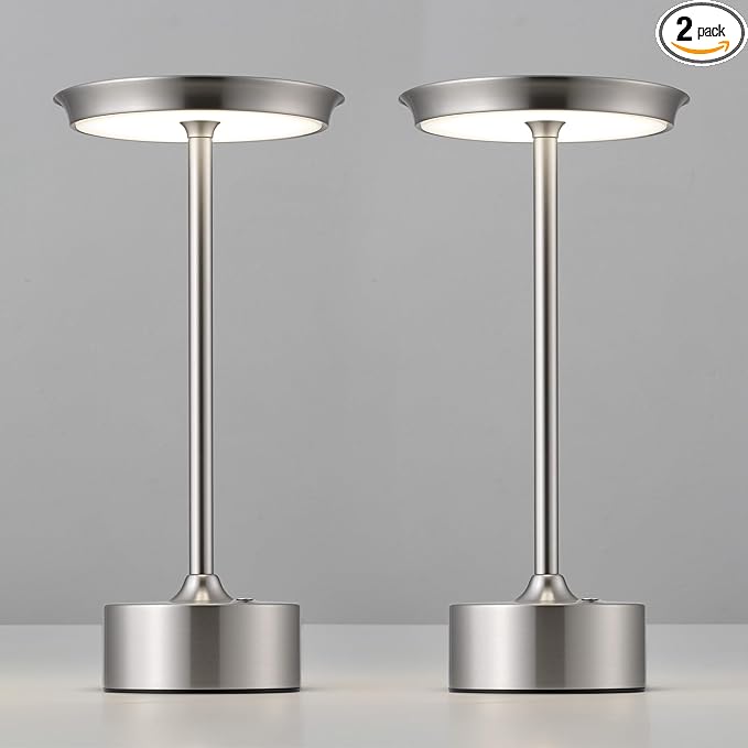 PUSU Rechargeable Table Lamps Set of 2, Nickel Cordless LED 4000mAh Battery Desk Lamp, Stepless Dimming & 3 Color 2700K-6000K, Portable Lamp for Bedroom, Living Room, Restaurant, Outdoor, Night Light