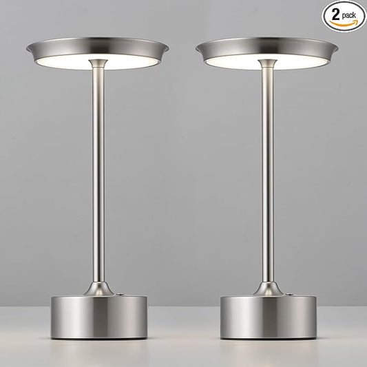 PUSU Rechargeable Table Lamps Set of 2, Nickel Cordless LED 4000mAh Battery Desk Lamp, Stepless Dimming & 3 Color 2700K-6000K, Portable Lamp for Bedroom, Living Room, Restaurant, Outdoor, Night Light