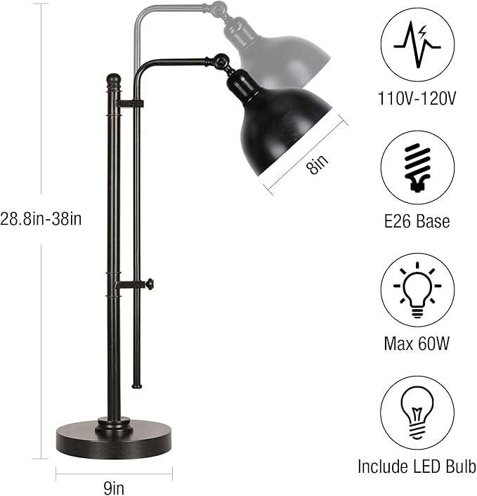 PARTPHONER Industrial Adjustable Desk Lamp for Home Office, Farmhouse Table lamp 29''-38'', Rustic Metal Task Desk Lamp in Aged Bronze Finish, Vintage Reading Lamp for Study Room，Black