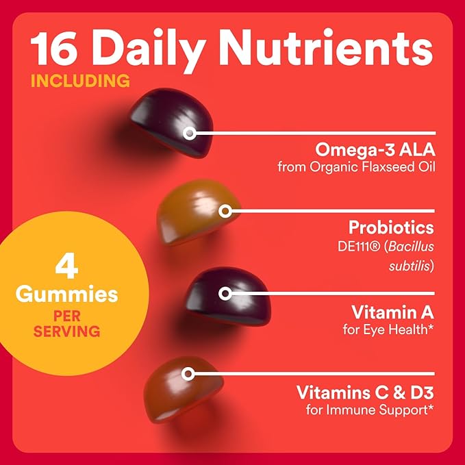SmartyPants Complément alimentaire pour enfants – Multivitamines biologiques, probiotiques, oméga 3 (ALA), vitamines D3, C, B12, B6, A, K, zinc pour le soutien immunitaire, biotine, 3 saveurs de fruits, 120 gommes (30 jours d'approvisionnement)
