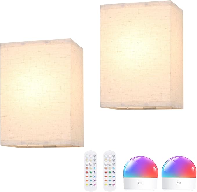 Shenmoyl Adhesive Battery Operated Wall Sconce Set of 2, 6000 mAh Battery Rechargeable Bulb with 12 RGB Colors, Stick on Cuboid Wall Sconce No Drill Wall Lights, Linen
