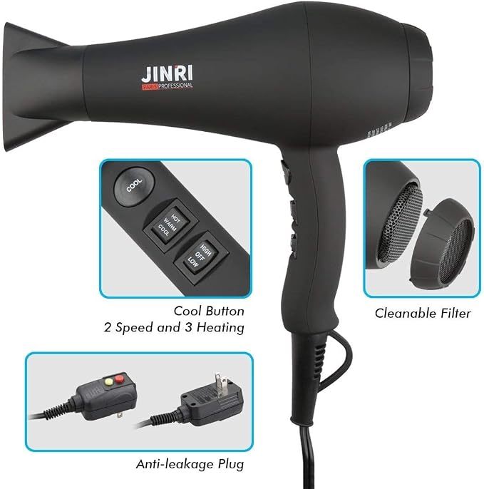 Hair Dryer 1875W, Negative Ionic Fast Dry Low Noise Blow Dryer, Professional Salon Hair Dryers with Diffuser, Concentrator, Styling Pik, 2 Speed and 3 Heat Settings (Bk)