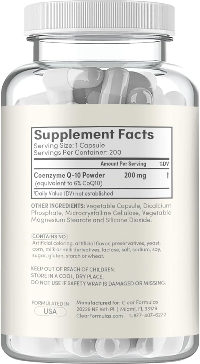 Clear Formulas Quick Absorption CoQ10 200mg - Coenzyme Q10 Potent Antioxidant for Heart Energy and Aging Support - High Stability CoQ10 Ubiquinone Capsules - Made in a cGMP US Lab