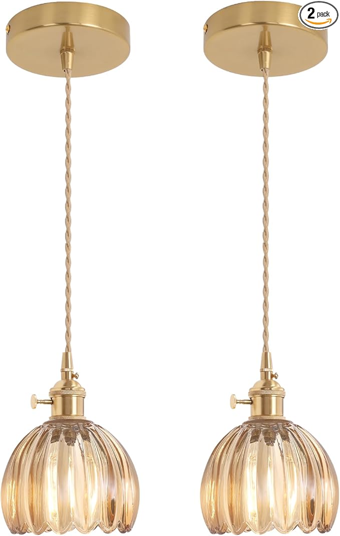 Shenmoyl Pendant Light 2 Pack with Amber Tulip Glass Lmapshade, Brass Vintage Pendant Light Adjustable Hanging Light for Kitchen Island Dining Room Hallway