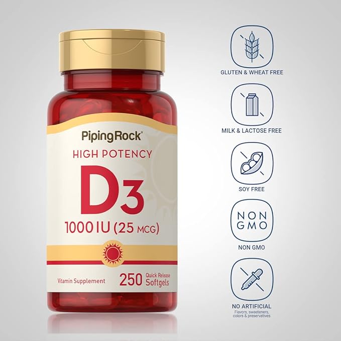 Piping Rock ビタミンD3 1000IU | 高効能 (25mcg) | 250ソフトジェル | 非遺伝子組み換え、グルテンフリー サプリメント