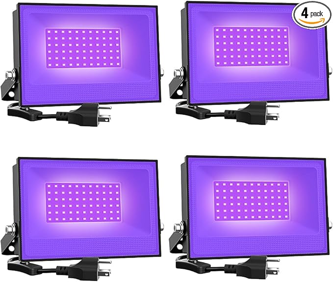 Onforu 4 Pack 38W LED Black Lights, Blacklight Flood Light with Plug, IP66 Waterproof, for Halloween Party, Glow in The Dark, Stage Lighting, Aquarium, Body Paint, Fluorescent Poster, Neon Glow,Black