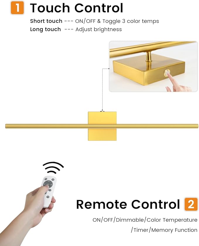 VOLISUN Battery Operated Wall Sconces Set of Two, Rechargeable Wall Sconces with Remote, 3000K-6500K Dimmable Battery Wall Sconce Decor, 27.6'' Wireless Wall Lights for Bedroom, Living Room(Gold)