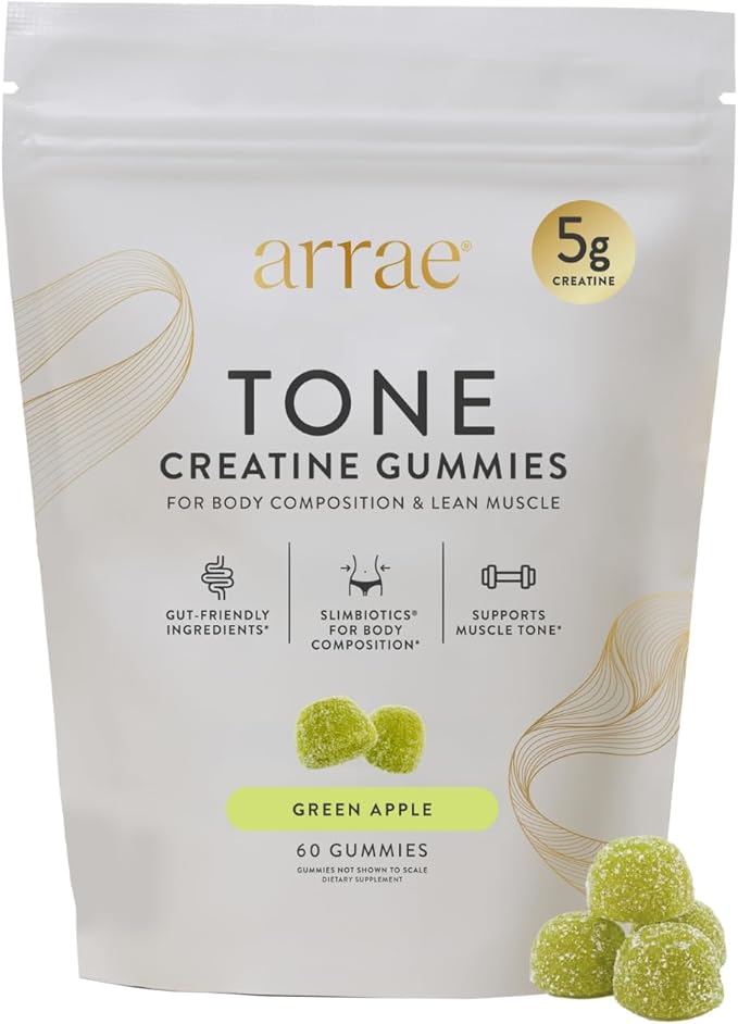 Arrae Tone Gummies – Créatine Monohydrate 5g pour femmes – Soutient la masse musculaire maigre, la force et la récupération – Complément tonifiant musculaire respectueux des hormones – Saveur Pomme verte acidulée – 60 unités (Pomme verte acidulée)