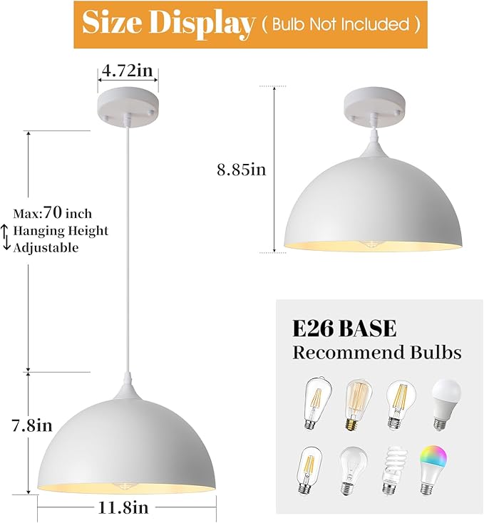 White Pendant Light 3 Pack,11.8 Inch Industrial Pendant Lights Adjustable Height, Farmhouse Pendant Lighting for Kitchen Island for Dining Room, Bedroom, Barn