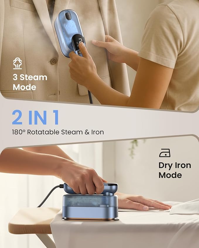 LOXP 2-in-1 Steamer Iron for Clothes, 1000W Travel Steamer with Ceramic Soleplate, 9s Fast Heat-Up, Leak-Proof 170mL Tank, Self-Clean, Portable Wrinkle Remover for Home & Travel, 120V, Blue