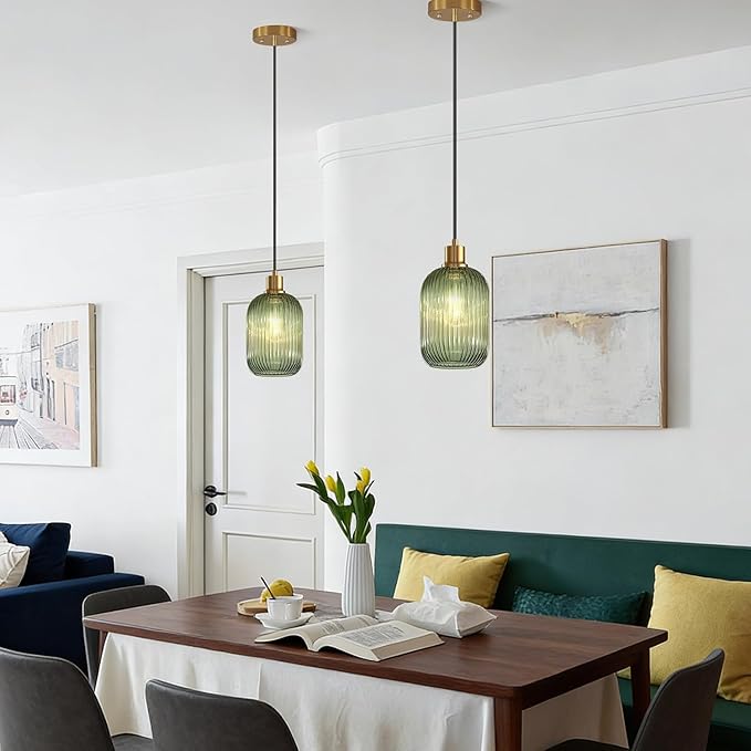 2 Pack 11"-70" Height Adjustable Pendant Lights with Vintage Green Ribbed Glass Lampshade, Brushed Gold Pendant Lights Fixtures for Kitchen Island Lighting Sink, Dining Room (Bulbs Not Included)