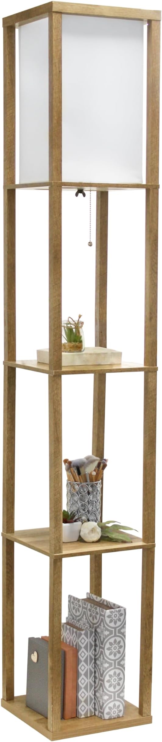 Simple Designs LF1038-WOD 62.5" Modern 3 Tier Standing Floor Lamp Etagere Organizer Storage Shelf with Linen Shade for Home Décor, Living Room, Bedroom, Office, Light Burnt Oak