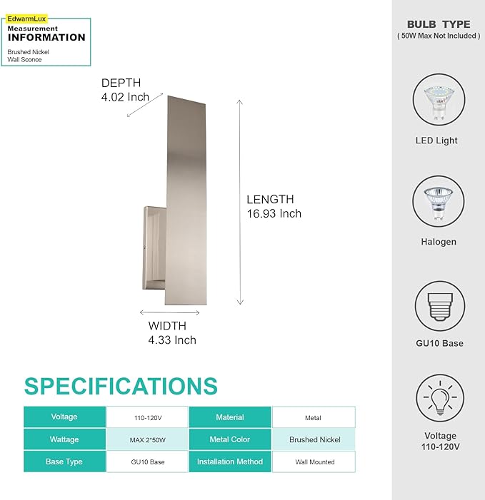 Edwarmlux Indoor Wall Sconces, Modern Wall Lights, Up and Down Wall Mount Light, Dimmable Hardwired Wall Light for Bedroom, Living Room, Hallway, GU10 Bulbs Excluded (Brushed Nickel)