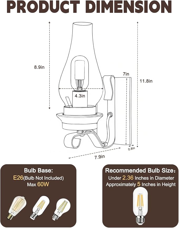 LightInTheBox Rustic Wall Sconce Vintage Farmhouse Wall Light Fixtures Industrial Glass Wall Lamp for Cabin Bedroom Living Room Hallway Fireplace (2PCS)
