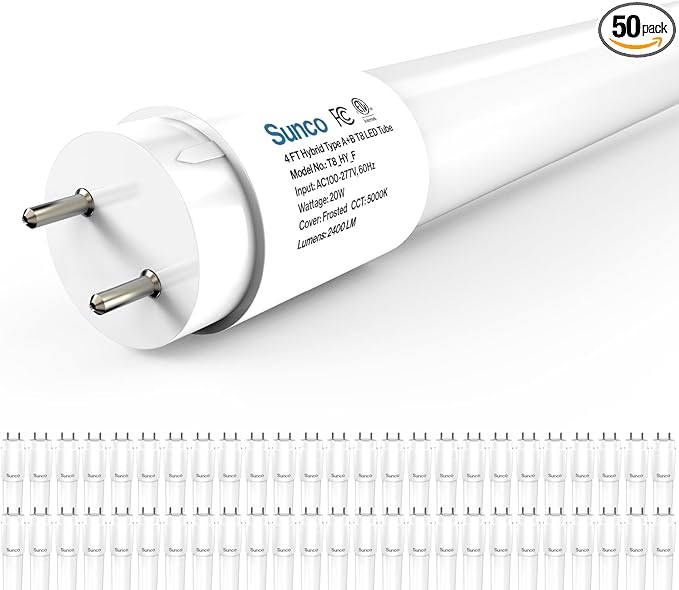 Sunco 50 Pack T8 LED Bulbs 4 Foot, 48 Inch Tube Light Bulbs Fluorescent Replacement, Single or Double Ended Hybrid Type A+B, 2400 LM, 20W, 5000K Daylight, Frosted Lens ETL