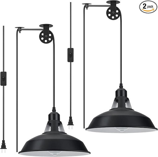 Lomoky Plug in Pendant Light, Hanging Lamp with Black Barn Pendant Lighting with 14.76ft Cord On/Off Switch, Adjustable Pulley Hanging Pendant Lighting for Kitchen Bedroom Restaurant 2 Pack