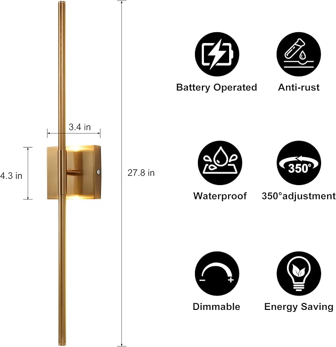 15800 mAh Battery Operated Wall Sconce with Remote Control Dimmable Wall Sconce Set of Two 3000K LED Brass Gold Wireless Wall Light Battery Powered Cordless Rechargeable Sconces Wall Lighting Set of 2