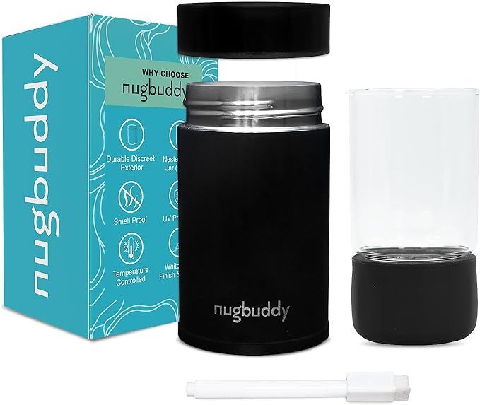 nugbuddy Mini Airtight Storage Container - Vacuum Sealed Insulated w Nested Glass Jar - UV Protection, Temperature Controlled Stainless - Whiteboard Finish w Marker Included - 100 ml