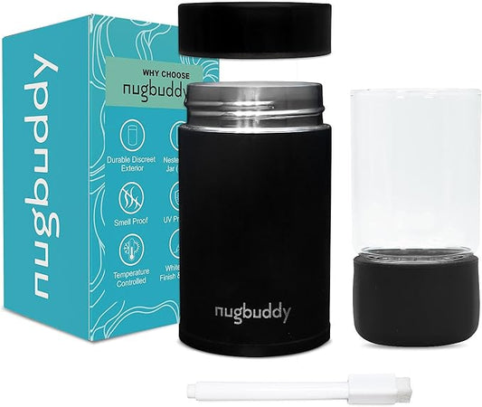 nugbuddy Mini Airtight Storage Container - Vacuum Sealed Insulated w Nested Glass Jar - UV Protection, Temperature Controlled Stainless - Whiteboard Finish w Marker Included - 100 ml