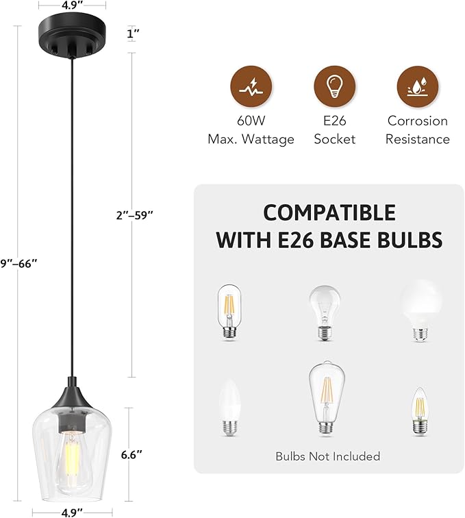 VONLUCE Pendant Lights Kitchen Island, Matte Black Pendant Light Fixtures with E26 Base & Adjustable Cable, Modern Pendant Lighting with Glass Shade for Living Room Bedroom Hallway, 2 Packs