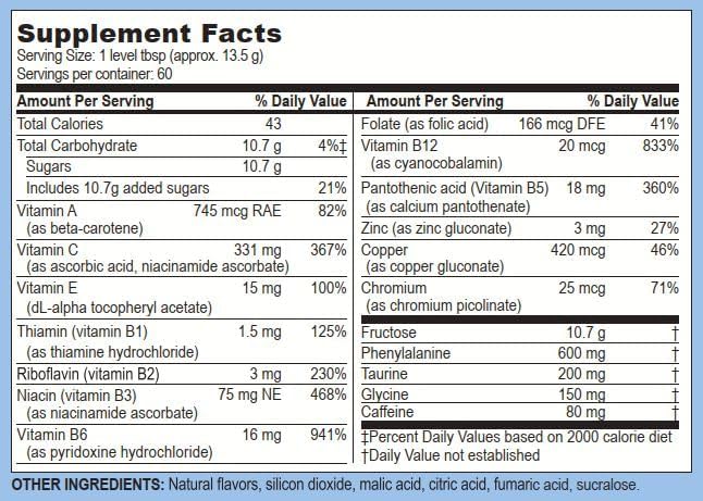 Poudre de boisson Life Enhancement Wow avec B12, Niacine, Caféine, Taurine, Phénylalanine, Vitamine C et autres multivitamines - Poudre anti-âge avec stimulant cérébral faible en calories - 60 portions