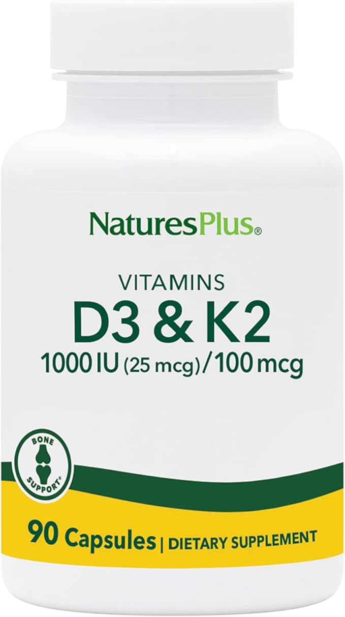 NaturesPlus Vitamines D3 (1000 UI) & K2 (100 mcg) - Végétarien, Sans Gluten - 90 Gélules, 90 Portions
