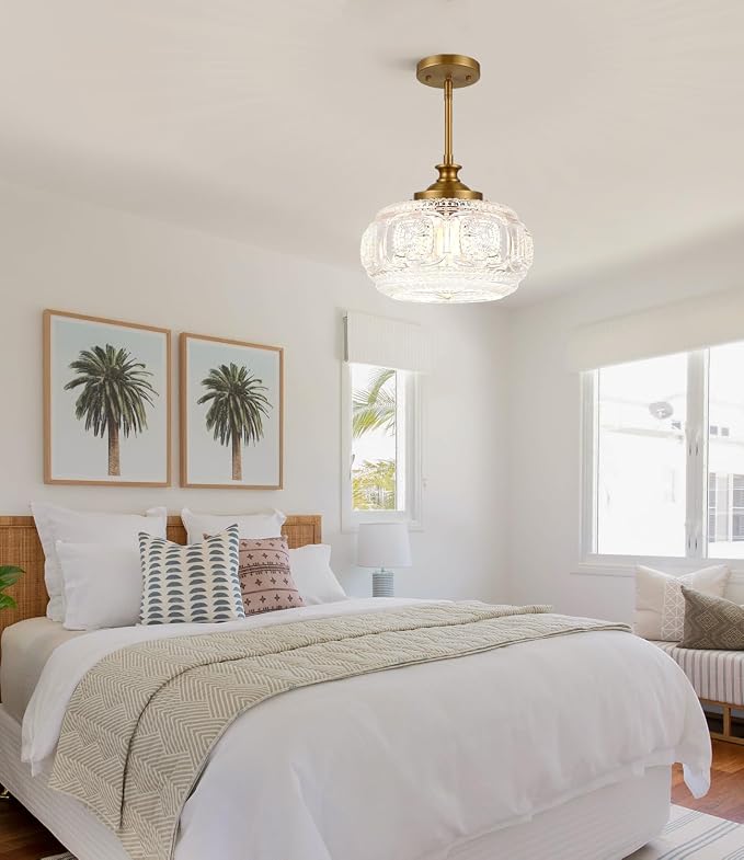 Semi Flush Mount Ceiling Light, Gold Pendant Lights Kitchen Island | 12" Large Clear Glass Shade, Vintage Pendant Light Adjustable Hanging Light for Kitchen Island Bedroom Hallway Bathroom