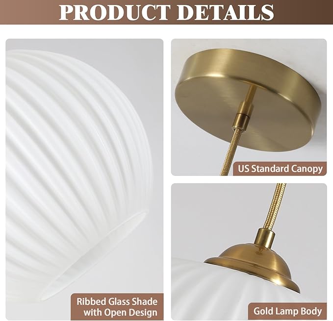 KCO Lighting Mid Century 1-Light Globe Pendant Light Industrial Vintage Brass Gold Pendant Lighting Fixture Kitchen Island Adjustable White Glass Hanging Ceiling Lights