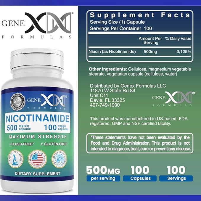 Genex Formulas Nicotinamide 500 mg (Lot de 3) Vitamine B3 Niacine Sans Rougeurs pour une Peau Saine – Complément de Niacinamide en Capsules pour la Production de Kératine, la Santé des Cellules Cutanées et l'Énergie (300 Capsules)