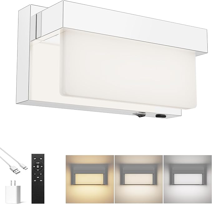 Battery Wall Sconce Chrome Wall Light with On/Off Switch 8 inch LED Wall Lamp Acrylic Lampshade 3CCT Sconce Wall Lighting