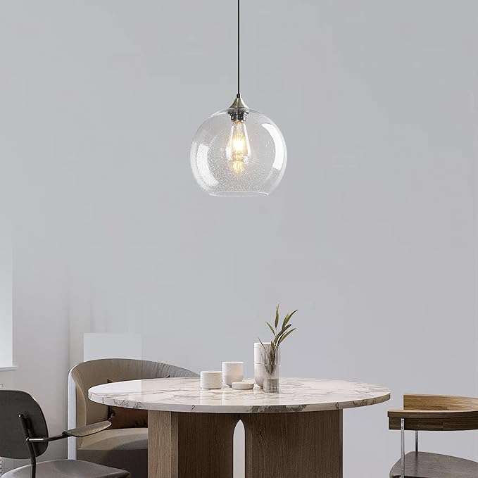 Mikeru Glass Globe Pendant Light Single, 7.87 Inch Clear Bubble Glass Hanging Lamp, Mid Century Modern Pendant Lighting for Kitchen Island Dining Room Bedroom (Bulb Not Included)