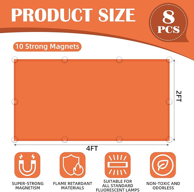 ANGSYLTH 8 Pcs Fluorescent Light Covers - 4 x 2 Feet Covers for Ceiling Lights, 8 x 10 Magnetic Light Filters for Classroom, Office, Hospitals (Amber)