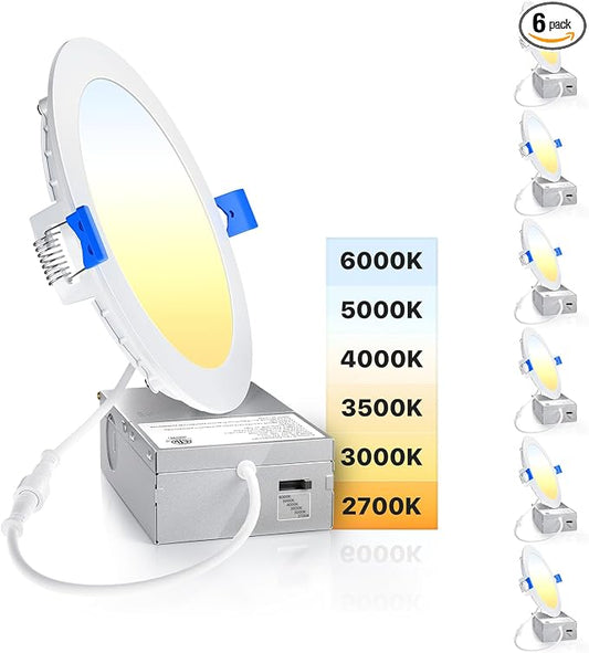 Ensenior 6 Pack 6 Inch Ultra-Thin LED Recessed Light with Junction Box, 2700K-6000K Selectable, 12W 110W Eqv, Dimmable, 1200LM High Brightness - ETL Certified