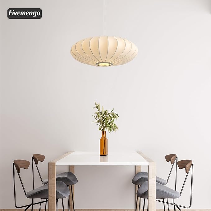 Large 23.6 inch Lantern Pendant Light, White Imitation Silk Lampshade, Bubble Pendant Light, Hanging Lamp Simple Chandelier for Living Dinning Room Kitchen Island Bedroom Restaurant Cafe