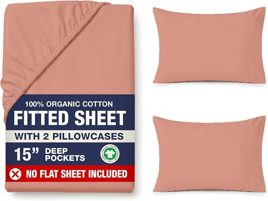 LANE LINEN 100% Organic Cotton Queen Size Fitted Sheet Only (+Pillowcases) 3-Piece Set Soft & Comfy Hotel Style Percale Weave Fully Elasticized Deep Pocket Queen Fitted 15" Deep - Rose Dawn