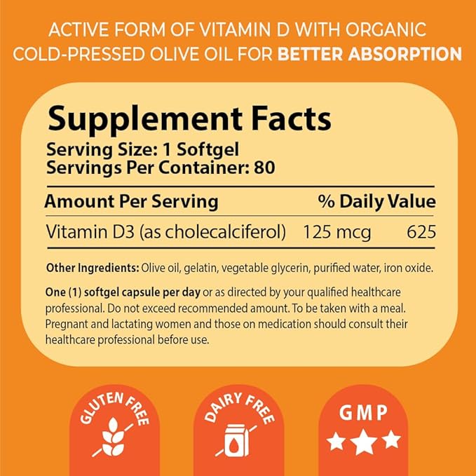 D-Pearls Vitamine D3 5000 UI (125mcg) | Facile à avaler | Choisi pour une étude immunitaire majeure [1] | Supplément actif de Vitamine D dans de l'huile d'olive pressée à froid pour le soutien immunitaire, la santé des dents, des muscles et des os