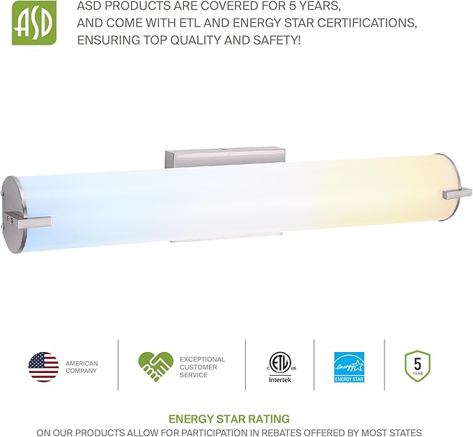ASD LED 18" Vanity Wall Mount Light Fixture, Linear Bathroom Lighting Bar | 3CCT, Dimmable, Energy Star, ETL Listed | 20W 1500LM 3000-5000K 120V | Long Tube Bath Sconce Over Mirror | Nickel, 4 Pack