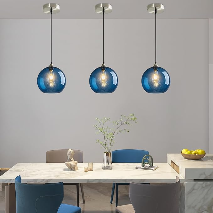 Modern 3-Pack Glass Globe Pendant Lights, Blue Modern Pendant Lighting for Kitchen Island, Clear Glass Hanging Lamps for Dining Room Living Room Bedroom, Small 5.9 Inch Fixture (Bulbs Not Included)