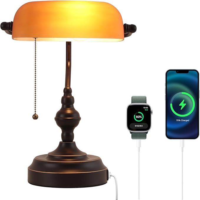 Bankers Desk Lamp with USB A and Type C Charging Port, Vintage Banker's Desk Lamp with Pull Chain Switch, Library Lamp for Office Study Room, Amber Glass Bronze Desk Lamps