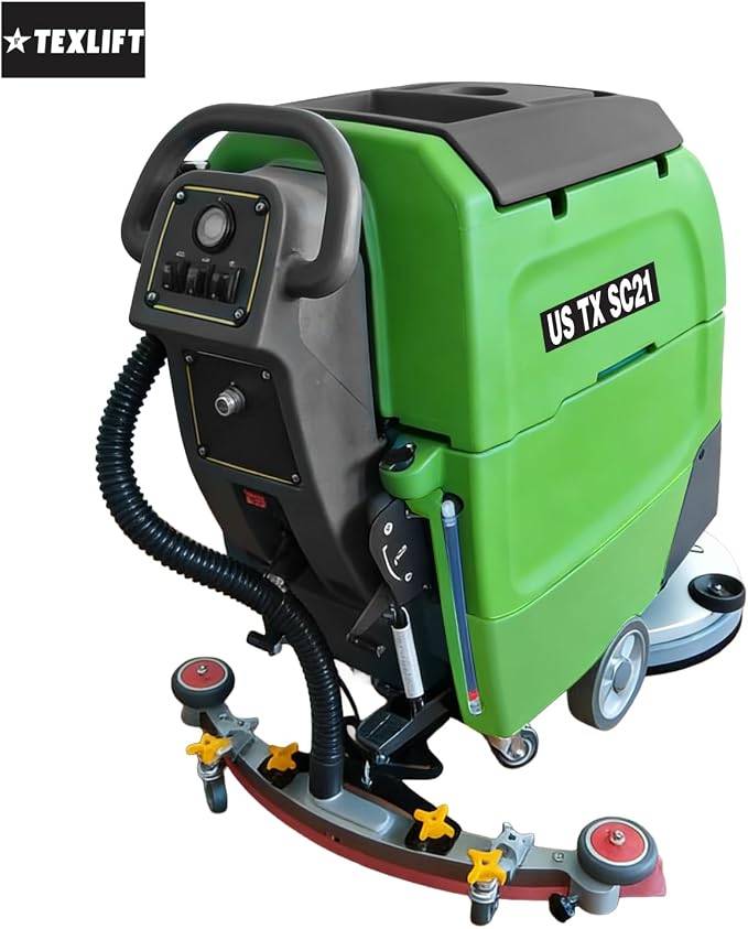 Walk-Behind Commercial Floor Scrubber Machine, 21″ Cleaning Width, 24V Battery Powered Scrubber Dryer with 16 Gal Tanks for Warehouse, Retail & Facility Cleaning (US-TX-SC21)