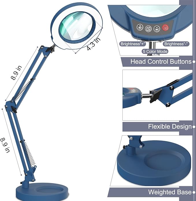 12X Magnifying Glass with Light and Stand, Upgrade Button 5 Color Modes Stepless Dimmable, 2-in-1 LED Lighted Magnifier Light, Hands Free Desk Lamp with Clamp for Craft Hobby Close Work - Blue