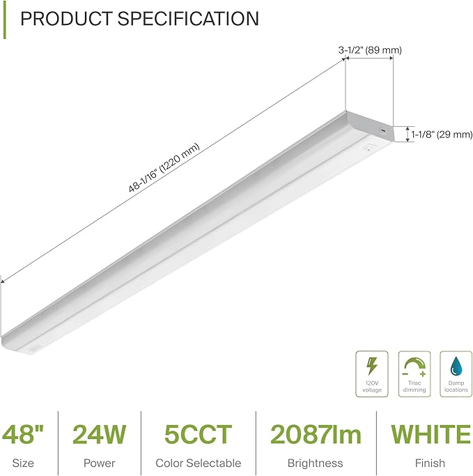 ASD LED Under Cabinet Lighting Hardwired, 48 Inch 24W 2700K-5000K Selectable, 2087LM, CRI90+, Direct Wire Linkable Under Counter Lights for Kitchen, Dimmable Under Cabinet Lights, White, UL Certified