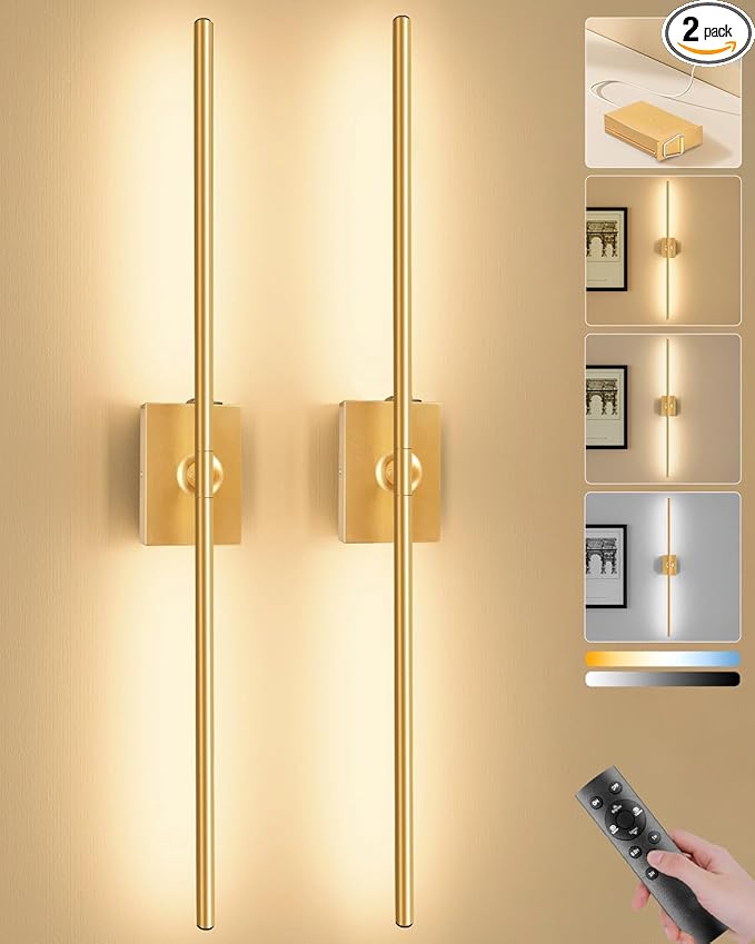 Ouyulong Battery Operated Wall Sconces Set of 2, 10000mAh Wireless Rechargeable 3000-6000K Dimmable 350° Rotate Wall Light with Remote for Living Room, Bedroom 23.6in Gold