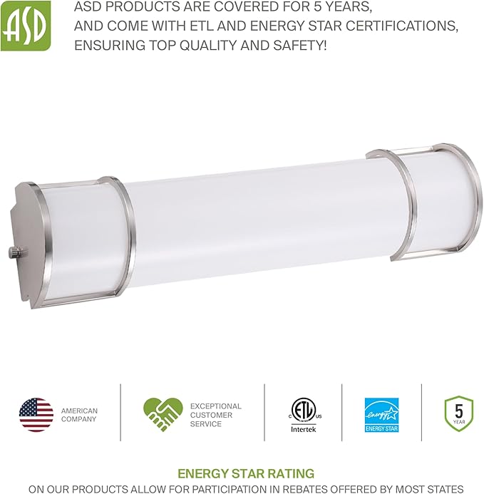 ASD LED 36" Vanity Flush Mount Light Fixture, Linear Bathroom Lighting Bar | 3CCT, Dimmable, Energy Star, ETL Listed | 30W 2650LM 3000-5000K 120V | Long Bath Wall Sconce Over Mirror | Nickel, 2 Pack